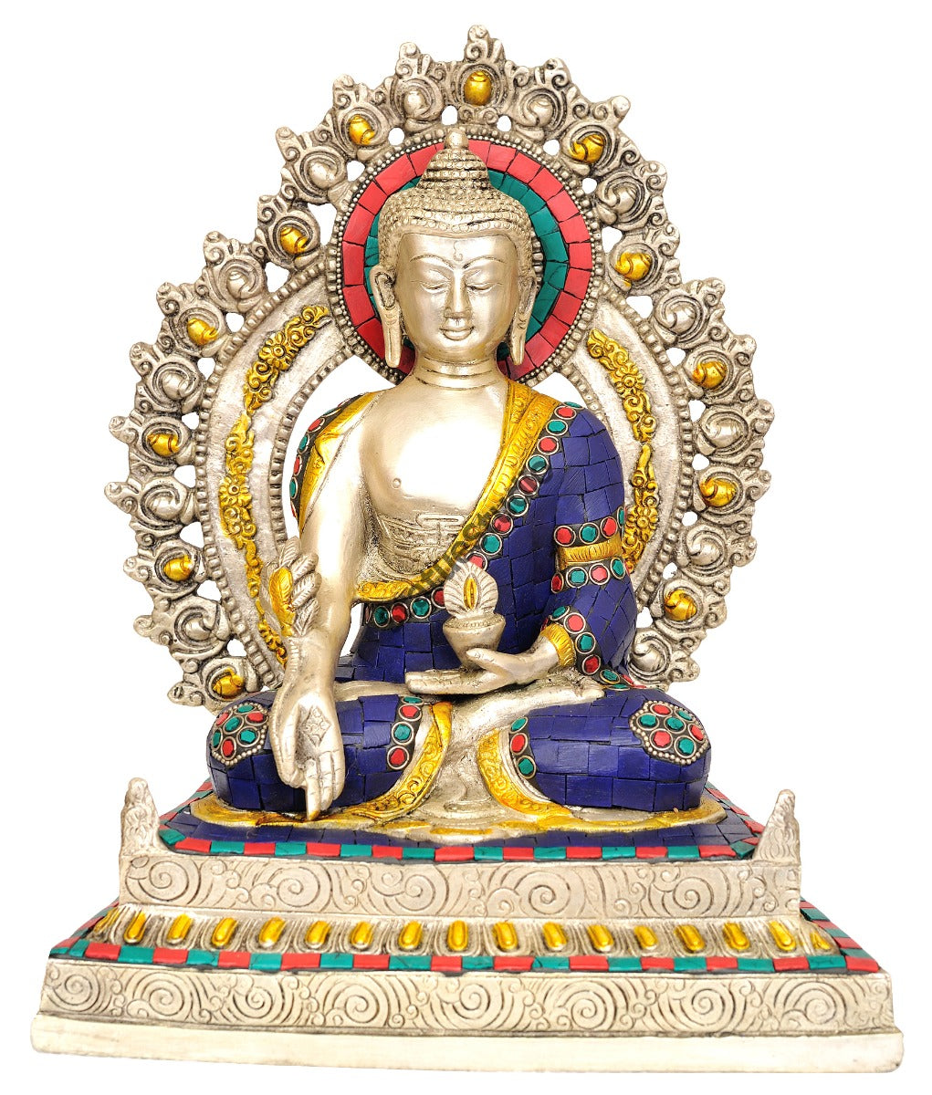 Tibetan Buddhist God Enthroned Medicine Buddha Inlay Décor Showpiece 11" - Image 2