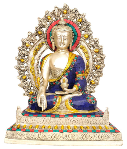 Tibetan Buddhist God Enthroned Medicine Buddha Inlay Décor Showpiece 11" by vendor-unknown - Buddha (View 2)