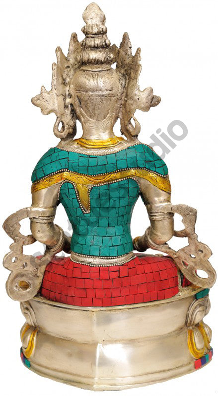 Nepal Turquoise Coral Inlay Art Buddhist Amitabha Buddha Fine Statue 14" - Image 3