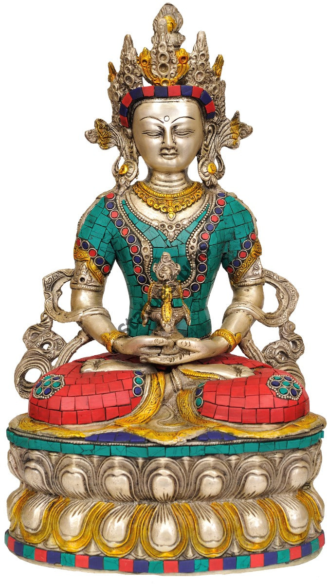 Nepal Turquoise Coral Inlay Art Buddhist Amitabha Buddha Fine Statue 14"