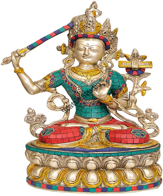 Vintage Nepal Turquoise Coral Art And Craft Statue of Deity Manjushri 14"