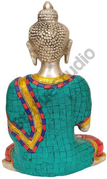 Brass Metal Turquoise Coral Buddha Anniversary Gifting Sculpture 10" - Image 3