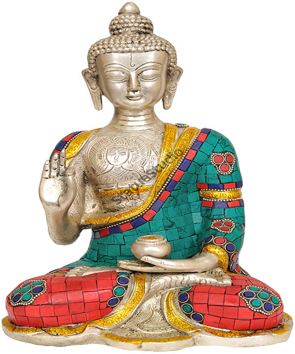 Brass Metal Turquoise Coral Buddha Anniversary Gifting Sculpture 10" - Eco-friendly - Sama Homes