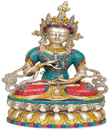 Brass Nepal Turquoise Coral Buddhist Divine Priest Vajrasattva FengShui Idol 14" by vendor-unknown - Buddha