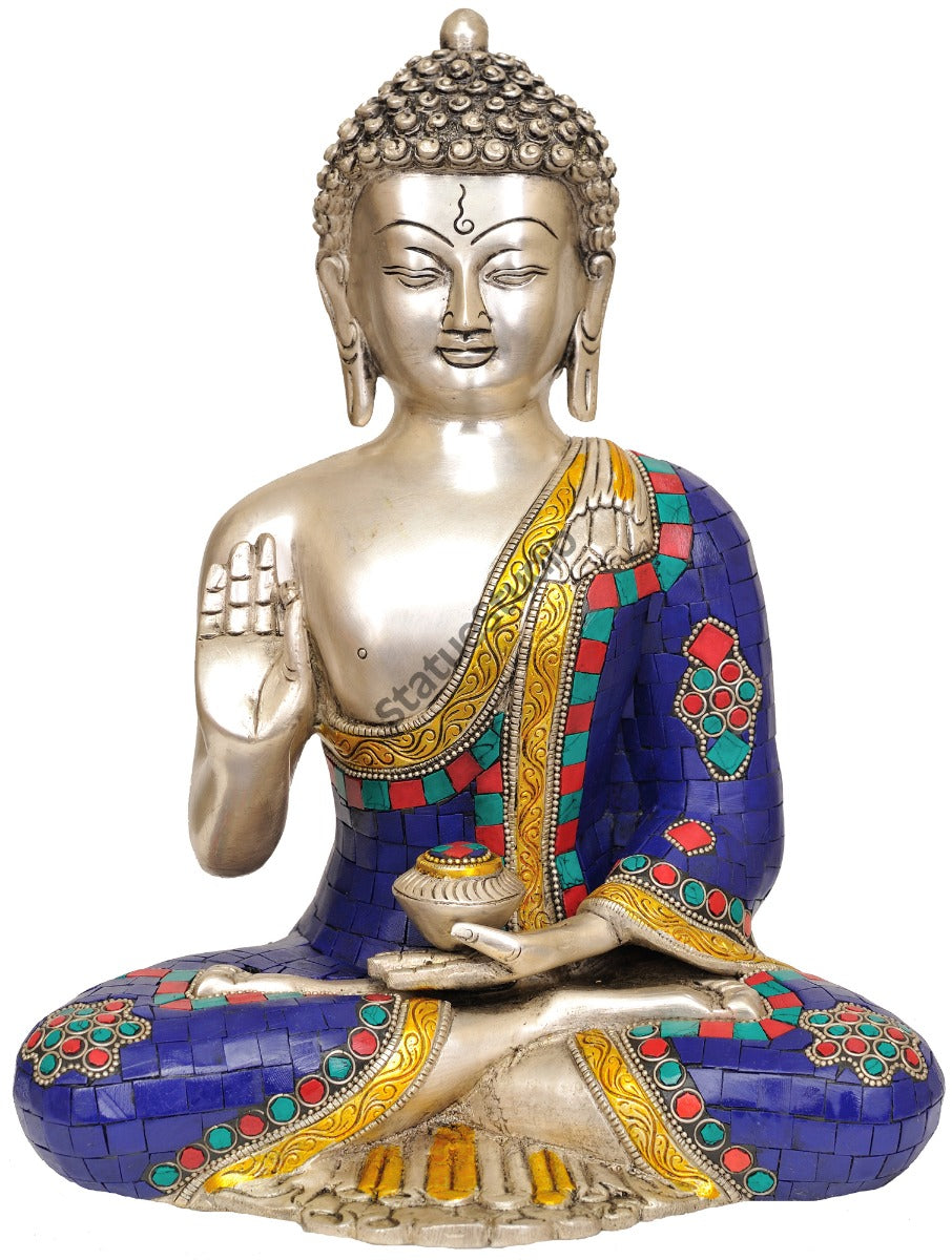 Brass Metal Turquoise Coral Buddha ThanksGiving Gifting Sculpture 12" - Image 2