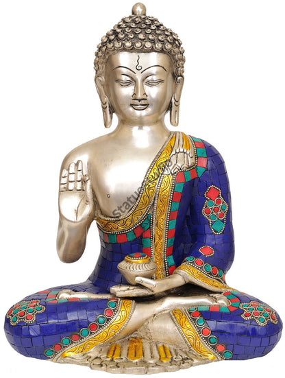 Brass Metal Turquoise Coral Buddha ThanksGiving Gifting Sculpture 12" by vendor-unknown - Buddha (View 2)