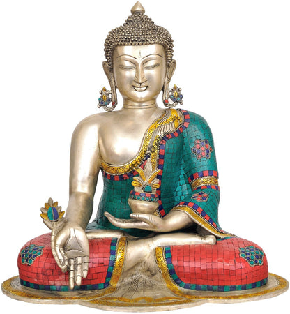 Indian Handmade Brass Medicine Buddha Turquoise Coral Inlay Décor Gifting 18" by vendor-unknown - Buddha (View 2)