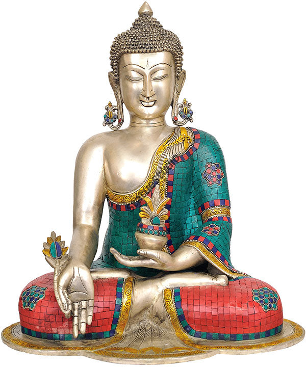 Indian Handmade Brass Medicine Buddha Turquoise Coral Inlay Décor Gifting 18"