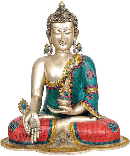 Indian Handmade Brass Medicine Buddha Turquoise Coral Inlay Décor Gifting 18" by vendor-unknown - Buddha