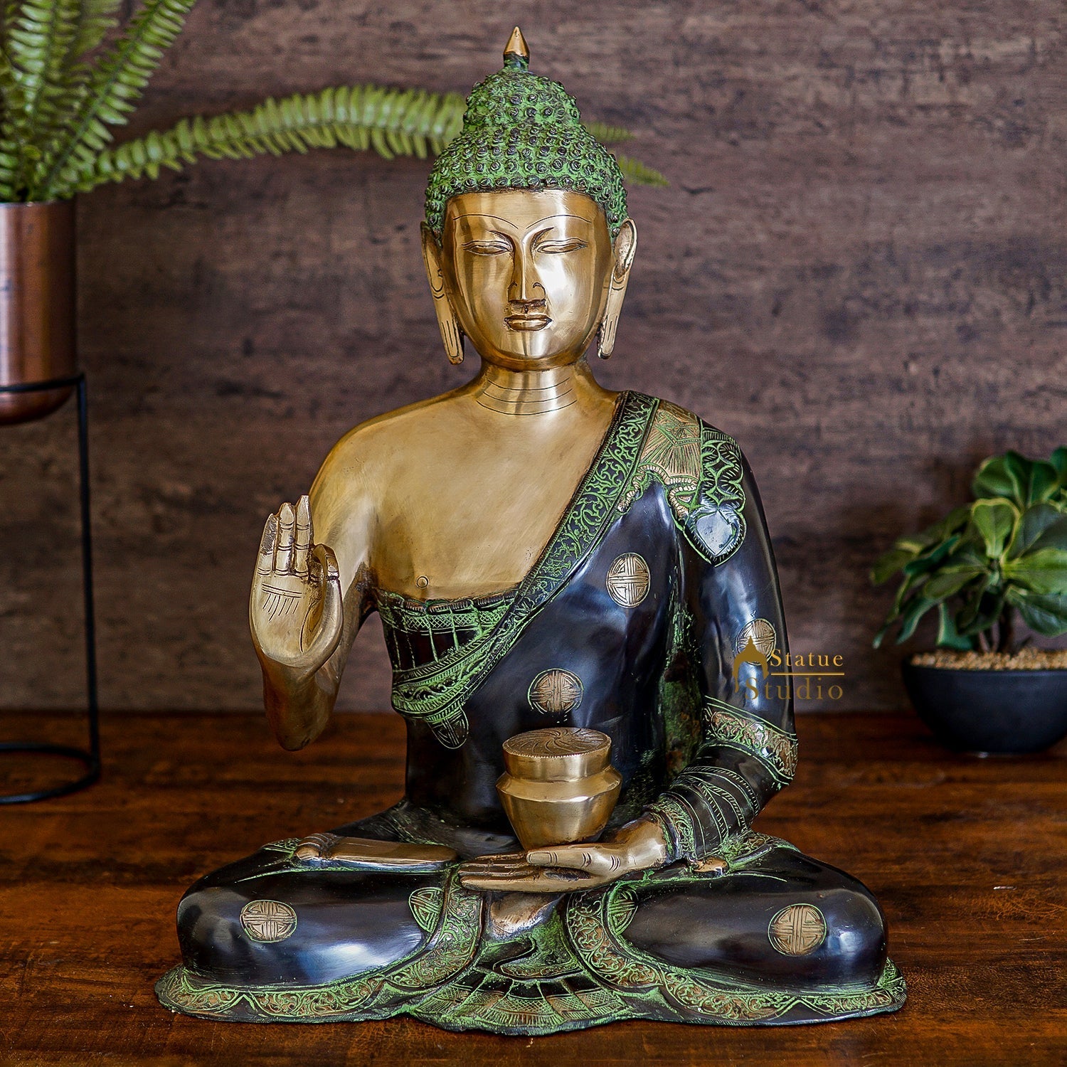 Brass Large Blessing Buddha Statue Antique Finish For Home Decor 2 Feet - Eco-friendly - Sama Homes