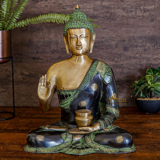 Brass Large Blessing Buddha Statue Antique Finish For Home Decor 2 Feet