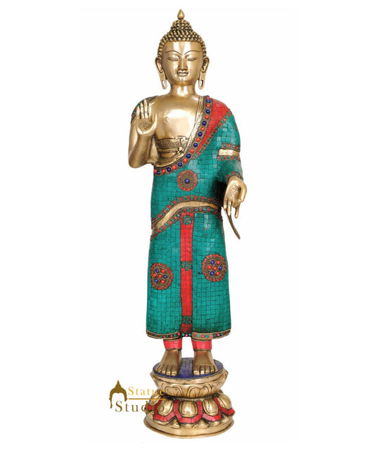 Vintage Large Size Standing Buddha Turquoise Coral Inlay Home Décor 34"