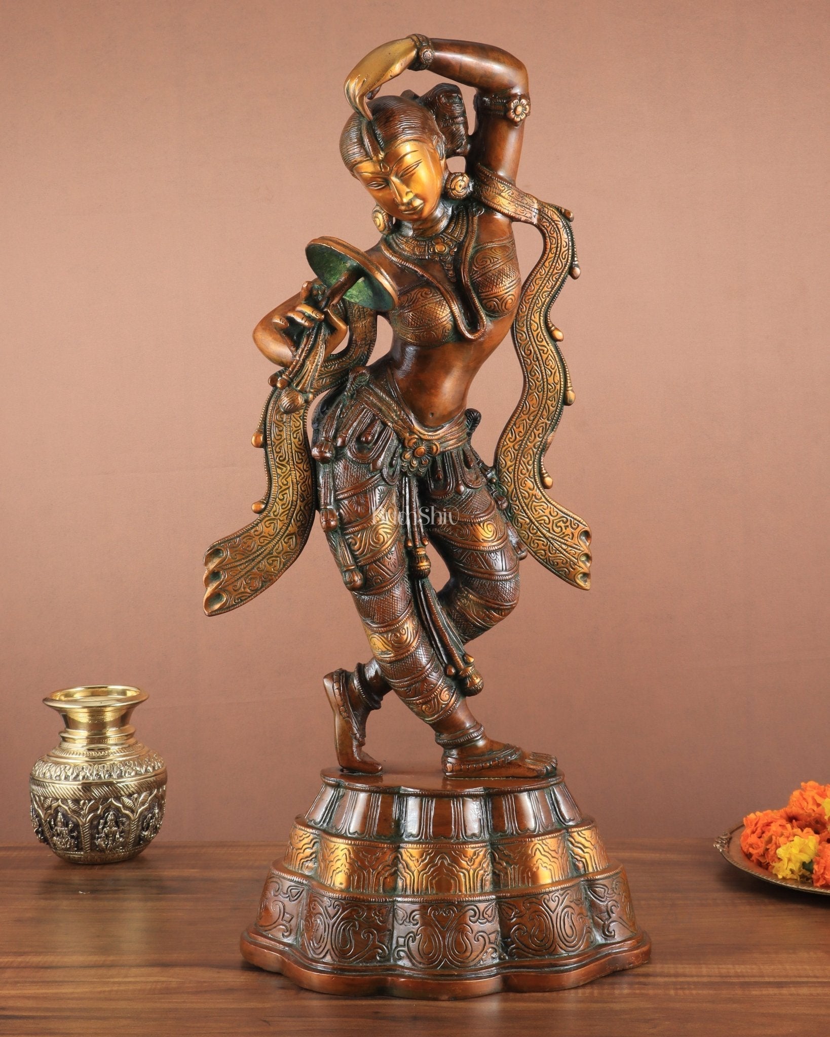 23" Apsara Statue Applying Vermillion (Sindoor) | Handmade Brass Murti - Eco-friendly - Sama Homes