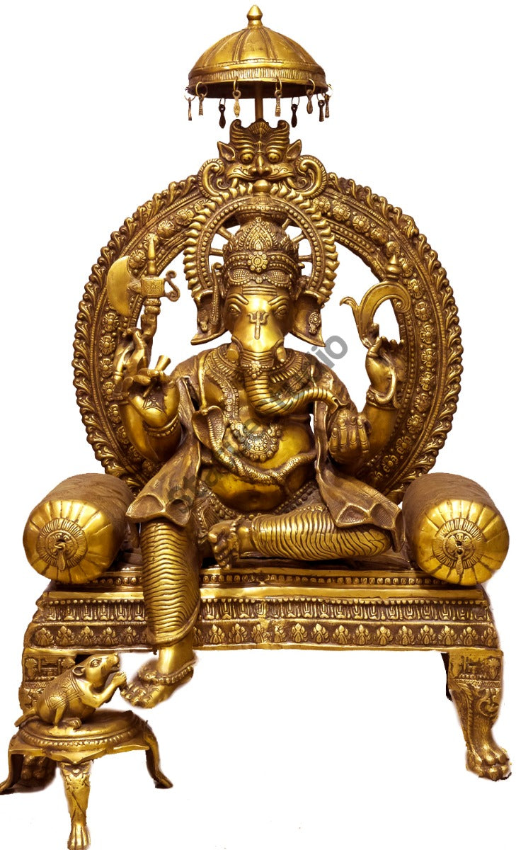 Large Size Throne Mounted Lord Shri Ganesha With Pillow Mouse And Parasol 45" - Image 2