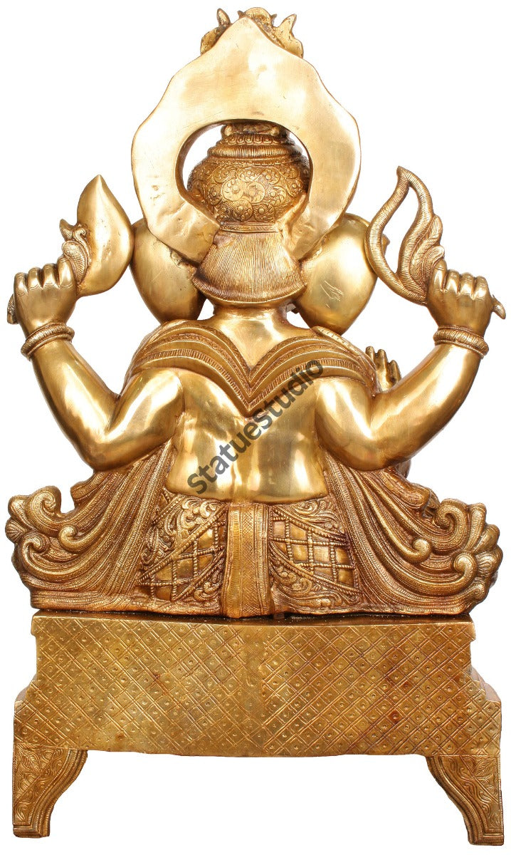 Decorative Large Size Lord Ganesha Brass Figurine With Altar Mouse Kalash 34"