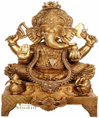 Decorative Large Size Lord Ganesha Brass Figurine With Altar Mouse Kalash 34" by vendor-unknown - Hindu Gods