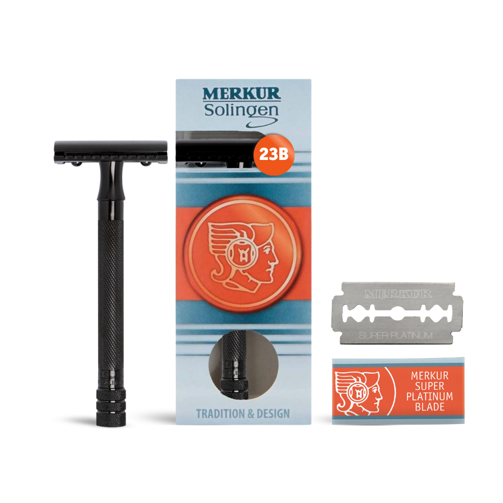 Merkur 23B 3-Piece DE Safety Razor, Closed Comb, Knurled Long Handle, Black