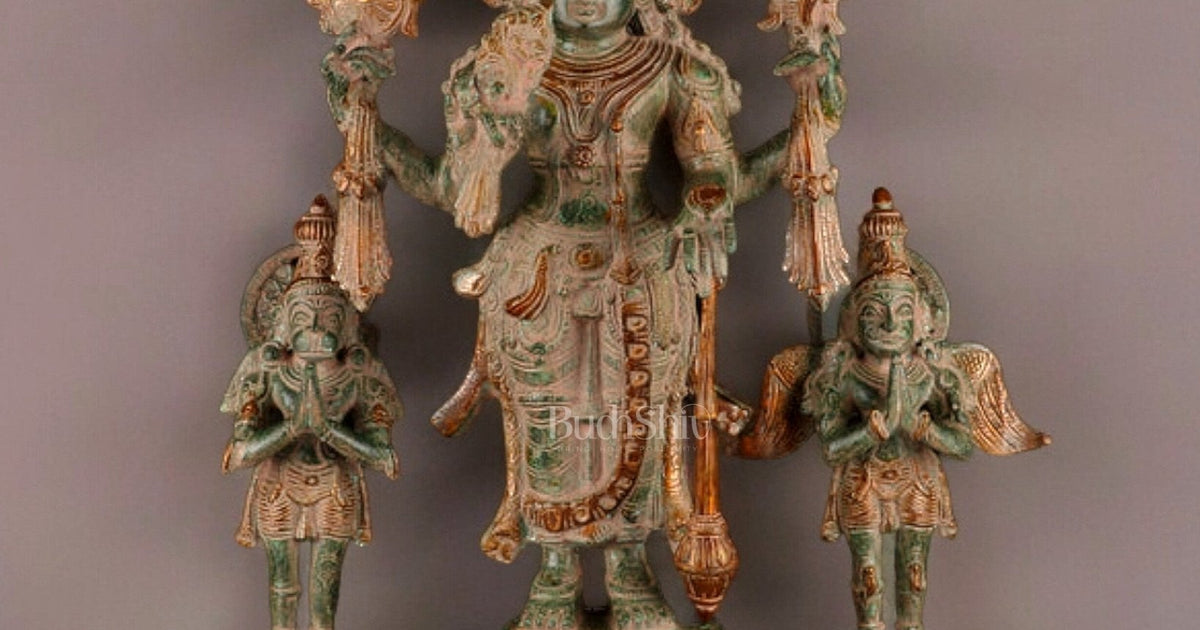 24-Inch Antique Brass Vishnu Statue, adorned with intricate sand patin