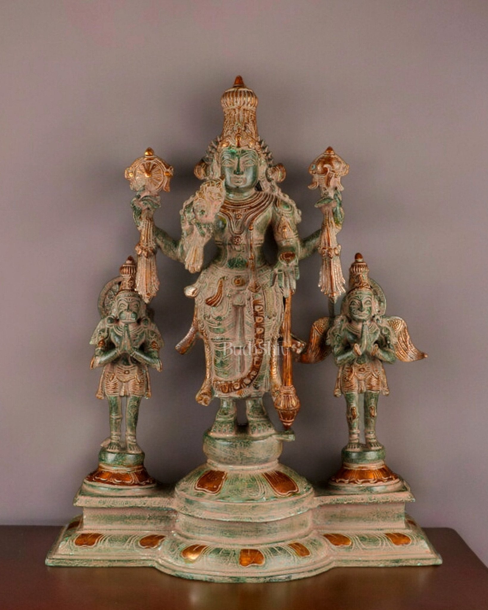 24-Inch Antique Brass Vishnu Statue, adorned with intricate sand patina finish, featuring Garuda and Hanuman. | 100% Certified Copper & Brass - Sama Homes Idol - Brass Sculpture - Eco-friendly - Sama Homes