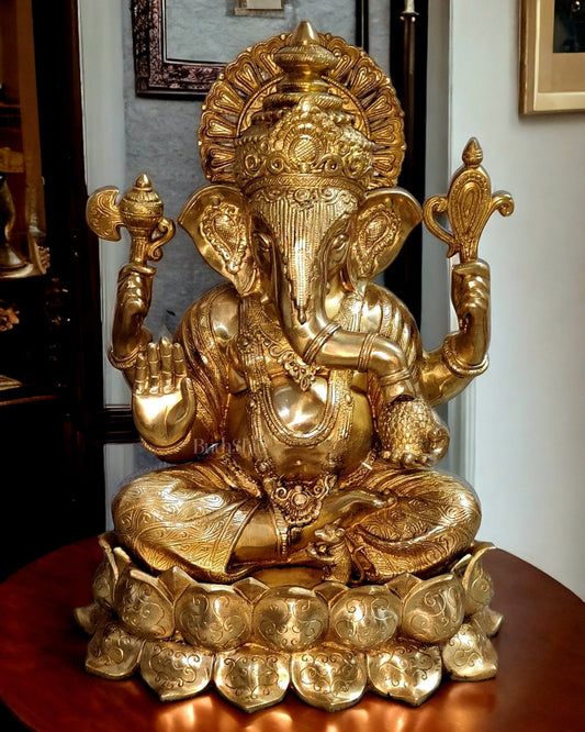 24-Inch Brass Kamal Ganesha Statue | 100% Certified Copper & Brass - Sama Homes Idol - Brass Sculpture