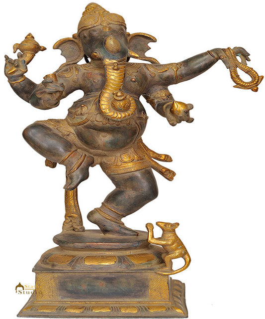 Antique Finish Diwali Décor Gift Large Size Dancing Ganesha Brass Statue 24"