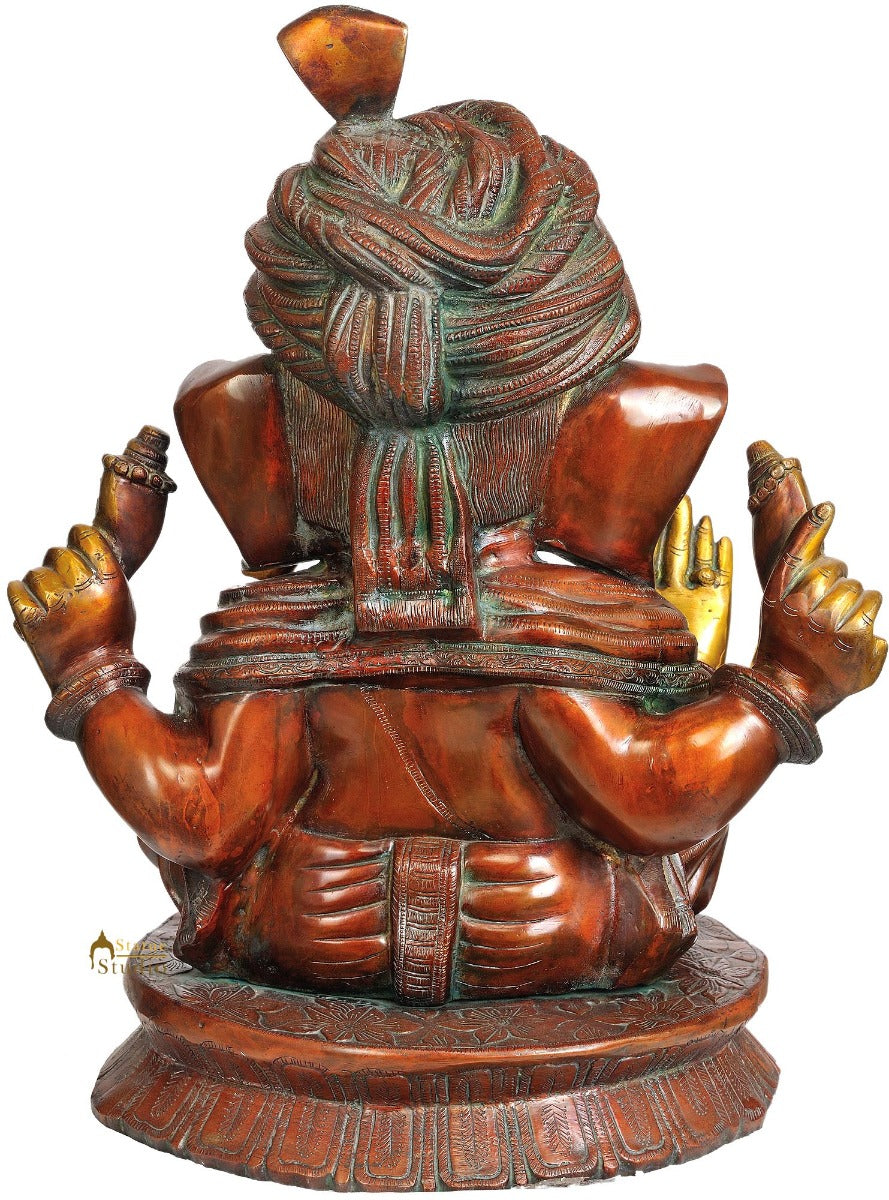 Large Size Turban Wearing Hindu Deity Lord Ganesh Brass Statue For Décor 20" - Image 3