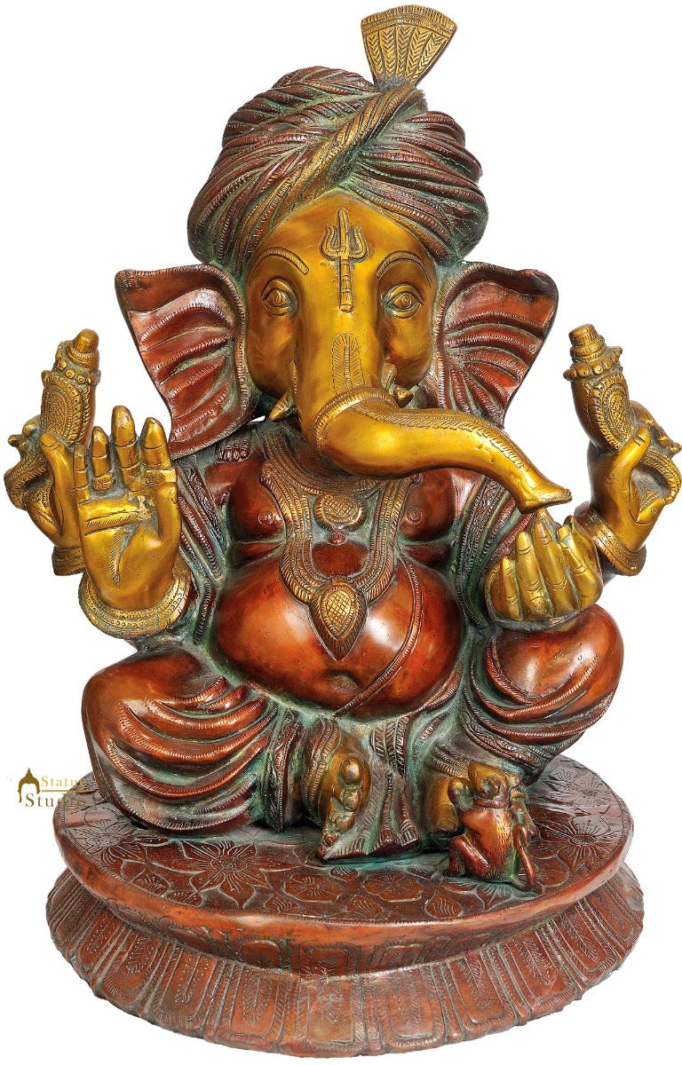 Large Size Turban Wearing Hindu Deity Lord Ganesh Brass Statue For Décor 20"