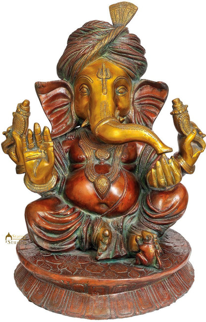 Large Size Turban Wearing Hindu Deity Lord Ganesh Brass Statue For Décor 20" by vendor-unknown - Hindu Gods (View 2)