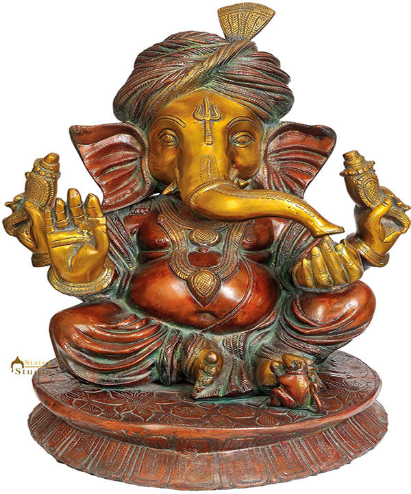 Large Size Turban Wearing Hindu Deity Lord Ganesh Brass Statue For Décor 20" - Eco-friendly - Sama Homes