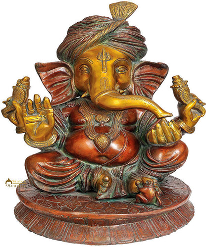 Large Size Turban Wearing Hindu Deity Lord Ganesh Brass Statue For Décor 20" by vendor-unknown - Hindu Gods
