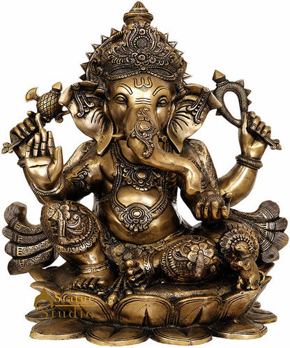 Big Size Lord Ganesha Statue Sitting On Lotus Flower For Ceremonial Gifting 21" by vendor-unknown - Hindu Gods