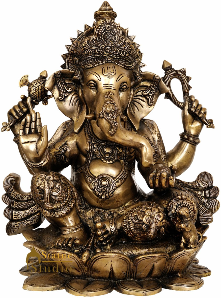 Big Size Lord Ganesha Statue Sitting On Lotus Flower For Ceremonial Gifting 21" - Image 2