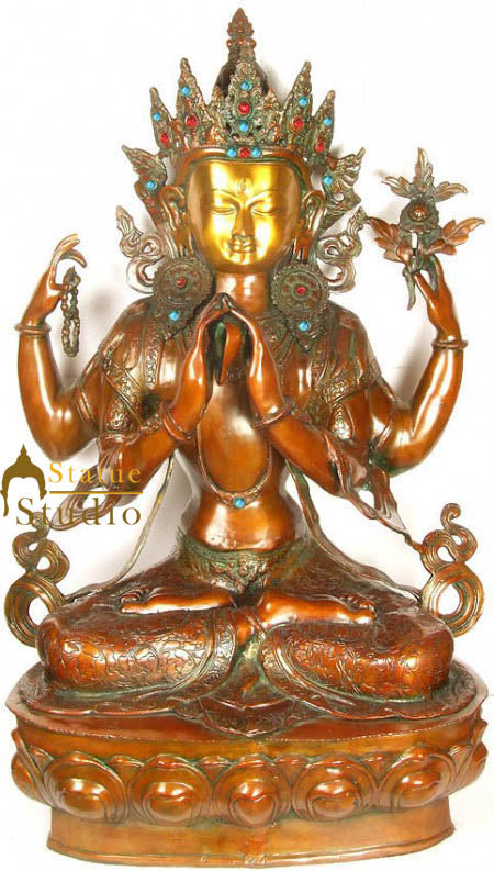 Tibet Buddhist Four Armed Buddha Avalokiteshvara Large Size Brass Figurine 39" - Image 2