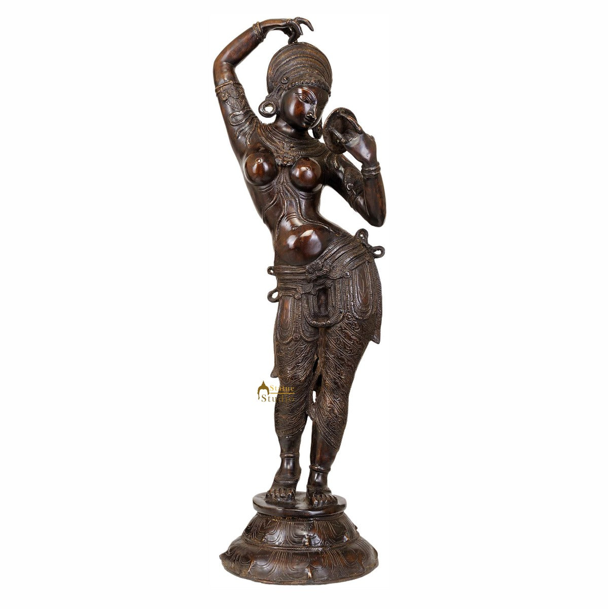 Bronze Antique Khajuraho Apsara lady With Mirror Large Size Home Décor 40" - Image 2
