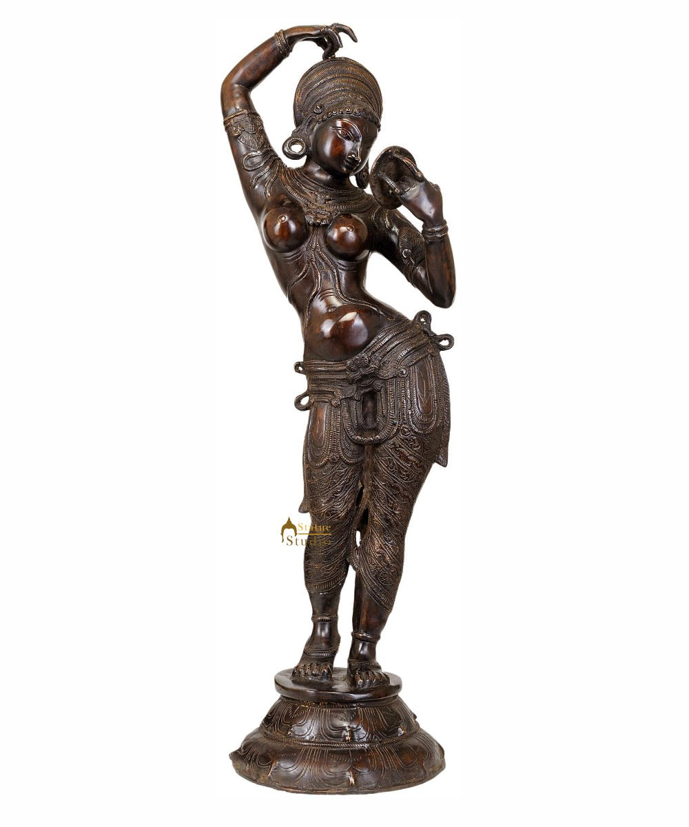 Bronze Antique Khajuraho Apsara lady With Mirror Large Size Home Décor 40"