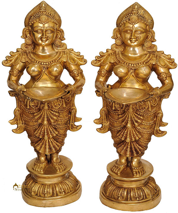 Large Size Pair of Indian Apsara Welcome Lady With Lamp Home Office Décor 51" - Eco-friendly - Sama Homes