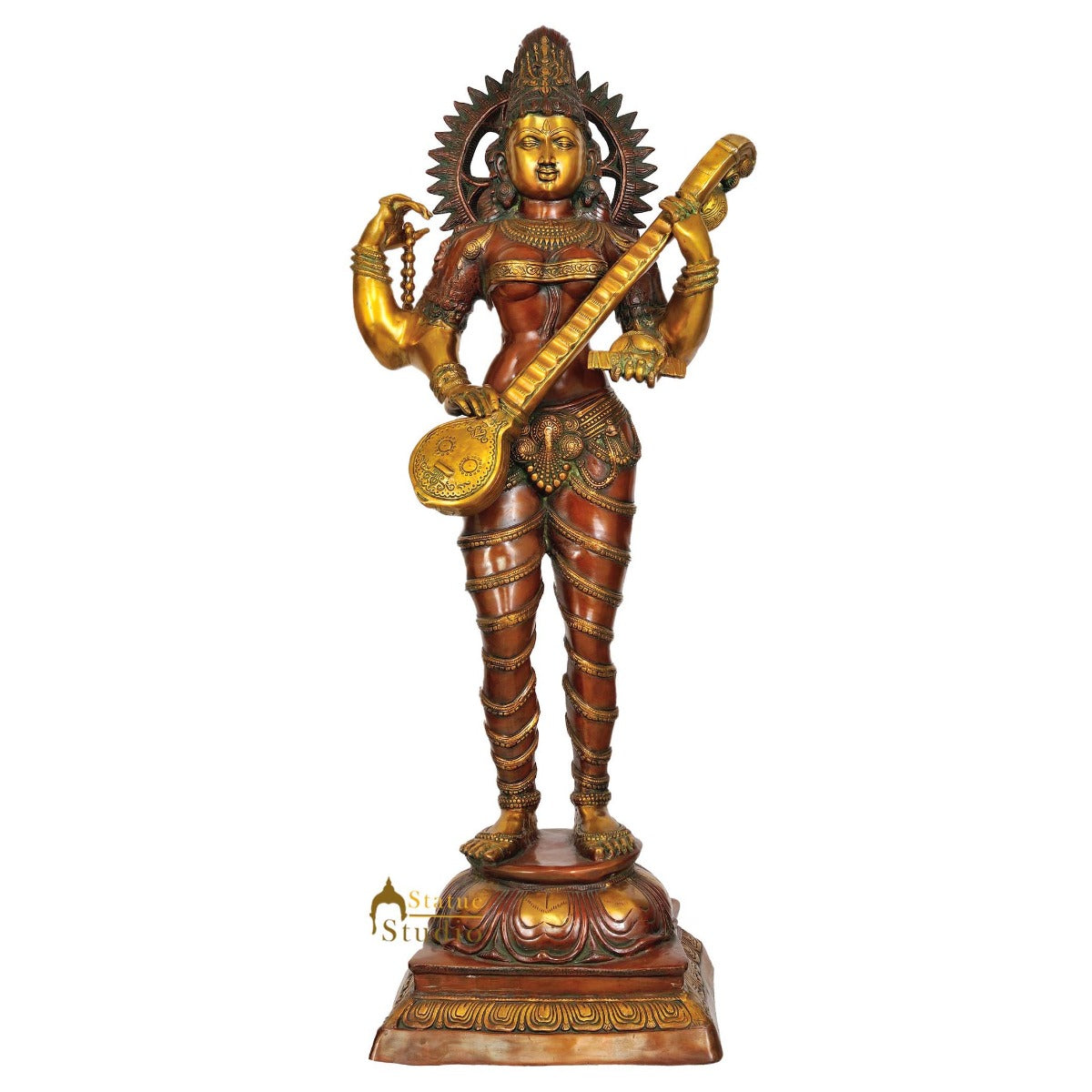 Very Large Size Antique Décor Statue Of Goddess of Knowledge Maa Saraswati 54" - Eco-friendly - Sama Homes