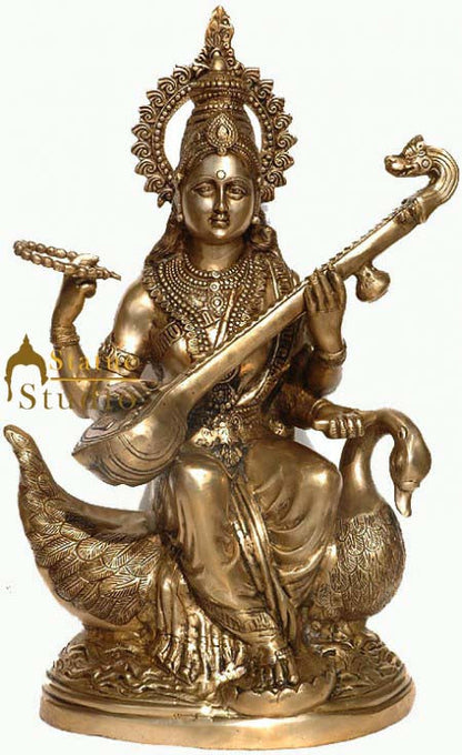 Brass Large Goddess Of Knowledge Maa Saraswati Idol On Swan Playing Veena 28 Inch by vendor-unknown - Hindu Gods (View 2)