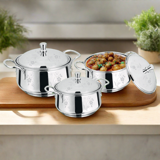 German Handi (Laser Design) Set of 3 | Premium Coockware | Sama Homes | Table Dish