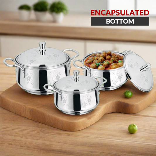 Stainless Steel German Handi Encapsulated bottom (Laser Design) Set of 3 | Premium Cookware | SAMA Homes | Table Dish