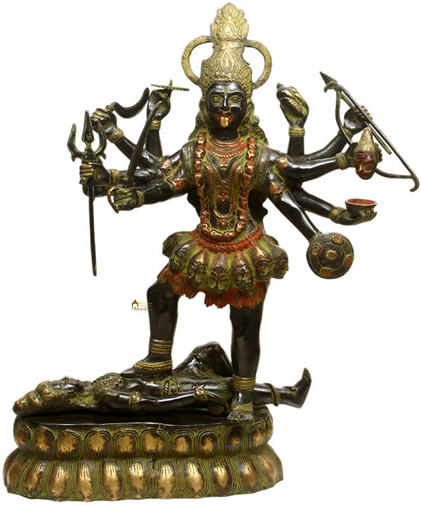Brass Indian Antique Hindu Goddess Maa kali Large Size Fine Art Sculpture 33" - Eco-friendly - Sama Homes