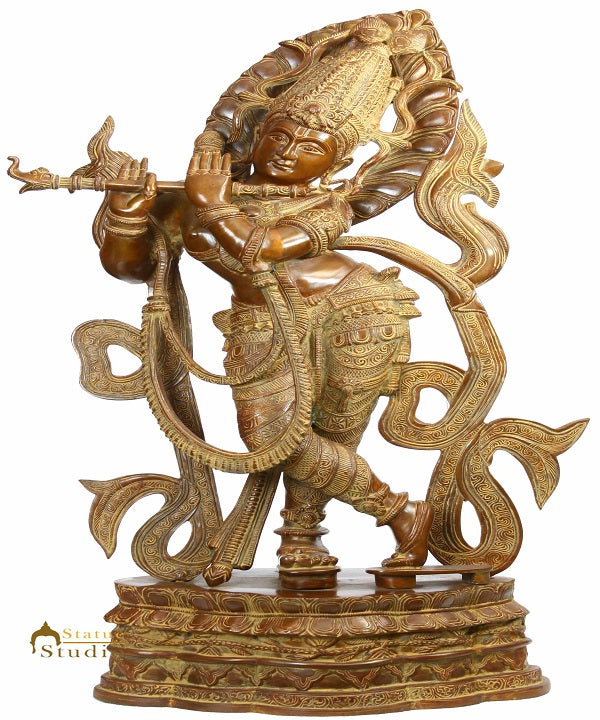 Large Size Brass Indian Hindu God Lord Krishna Murli Manohar Playing Flute 34" - Eco-friendly - Sama Homes