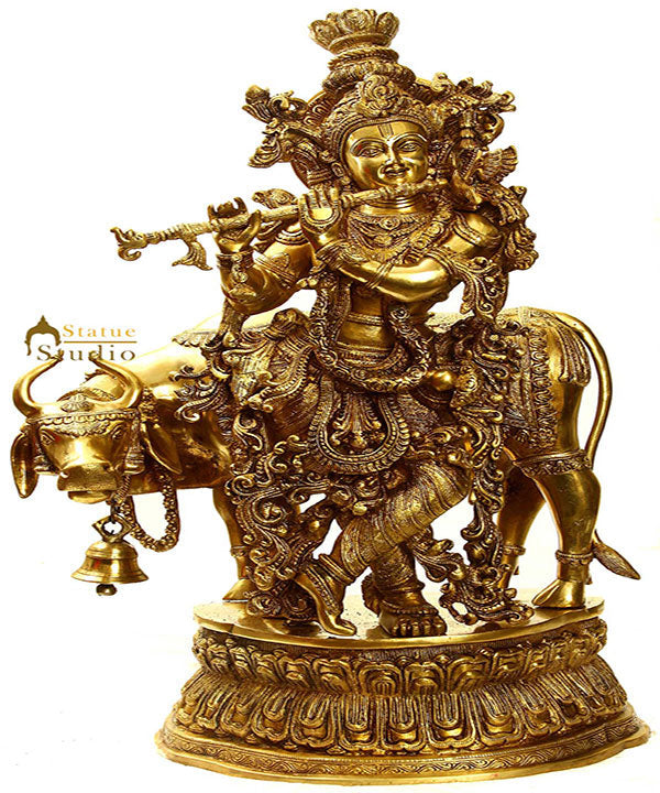large Size Brass Indian Hindu God Lord Krishna With Flute And Cow Sculpture 29" - Eco-friendly - Sama Homes