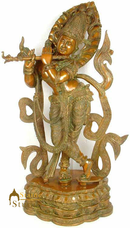 Large Size Bronze Indian Hindu God Lord Krishna Murli Manohar Playing Flute 34" - Image 2