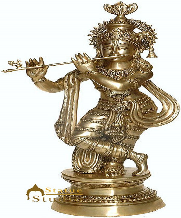 Antique Bronze Indian Hindu God Lord Krishna Playing Flute Home Décor 3 Feet - Eco-friendly - Sama Homes