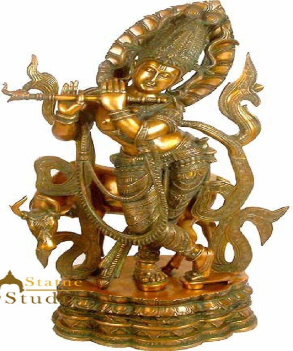 large Size Brass Indian Hindu God Lord Krishna With Flute And Cow 3 Feet Statue - Eco-friendly - Sama Homes
