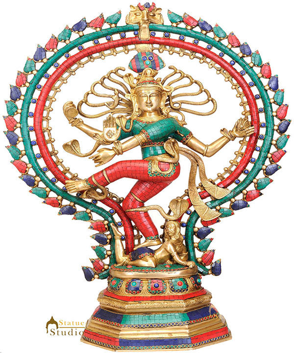 Large Size Hindu Dancing God Natraj Turquoise Coral Inlay Big Statue 2.5 Feet - Eco-friendly - Sama Homes