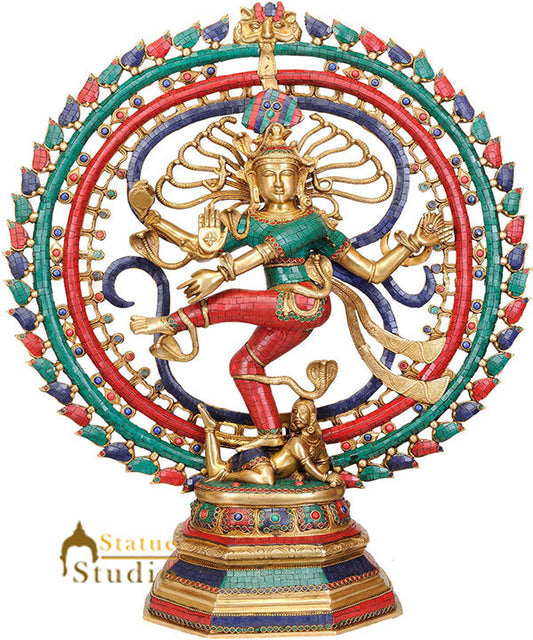 Large Size Hindu Dancing God Natraj Turquoise Coral Inlay With OM AUM 2.5 Feet