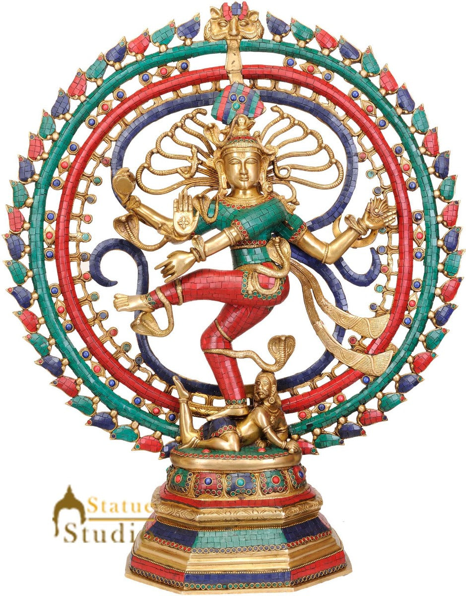 Large Size Hindu Dancing God Natraj Turquoise Coral Inlay With OM AUM 2.5 Feet - Image 2