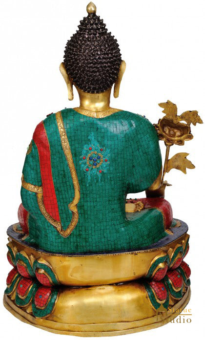 Large Size Nepal Turquoise Coral Inlay Work Buddha Décor Big Statue For Sale 38" - Image 3